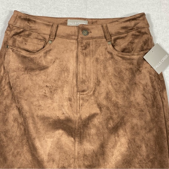 Falls Creek Faux Suede Midi Skirt Women's 8 Brown Front Slit Pockets Elegant NWT - Picture 3 of 14